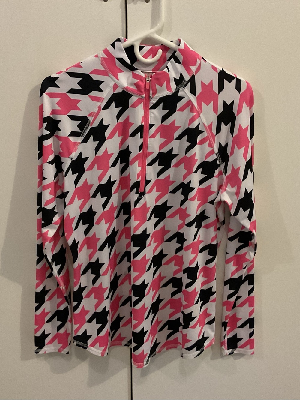 Jofit Pink Black White Houndstooth Quarter-Zip Long Sleeve Top L